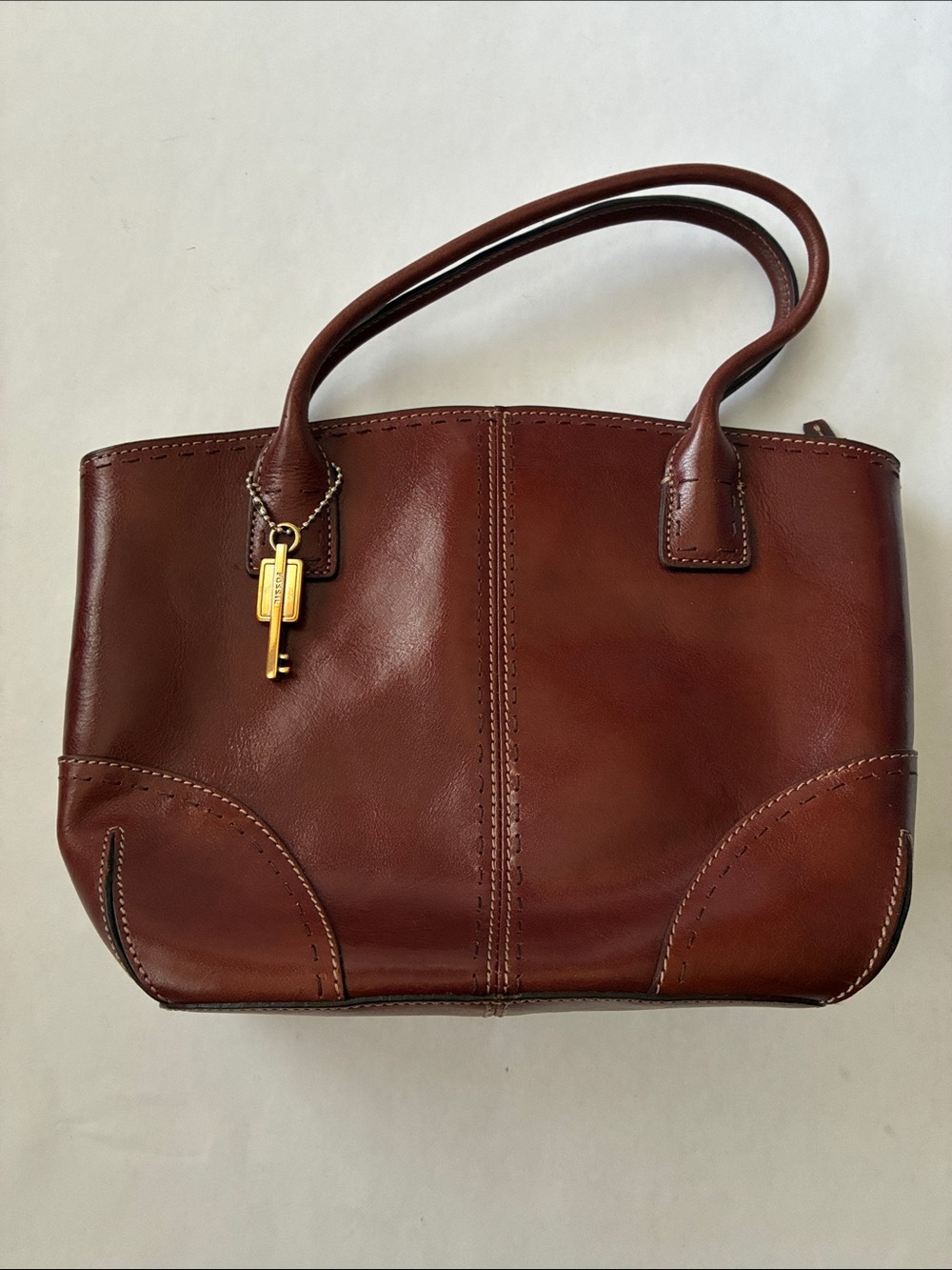 Fossil Classic Brown Leather Tote Bag with Gold Key Charm